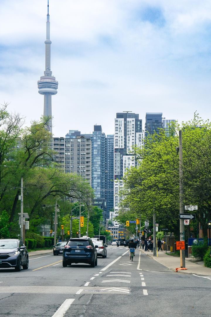 Street view with the CN tower in the distance